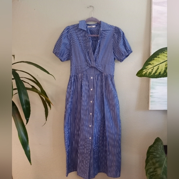 Stateside Cotton Made In USA Coastal Nautical Pinstripe Twist Top Button Up Maxi - Picture 4 of 9